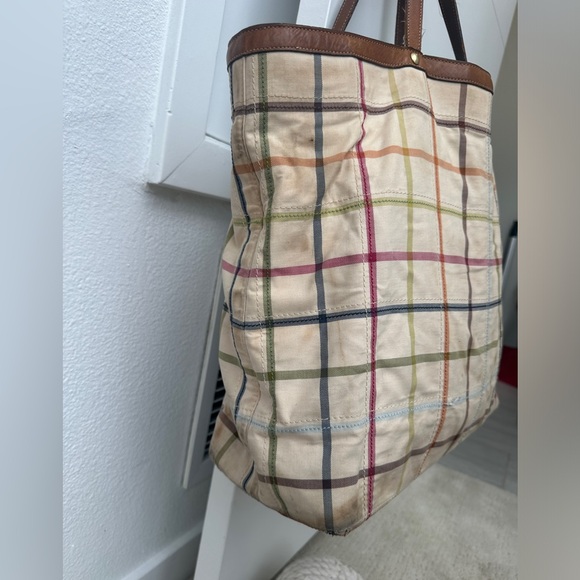 Coach Bleeker Tattersal Plaid Travel Tote Bag Brown Leather Trim & Zip pocket - Picture 4 of 16